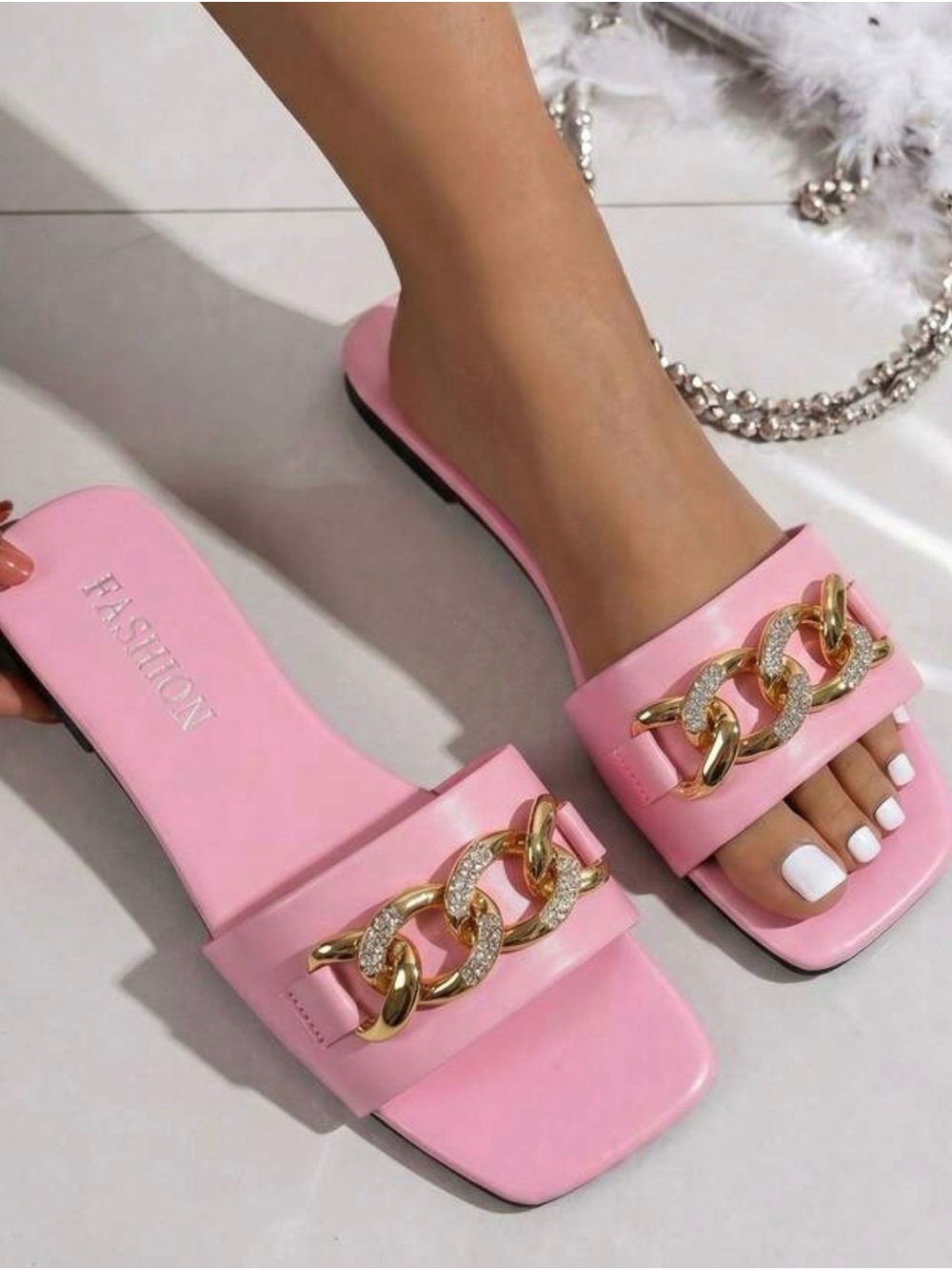Pink Chain-Embellished Slide Sandals